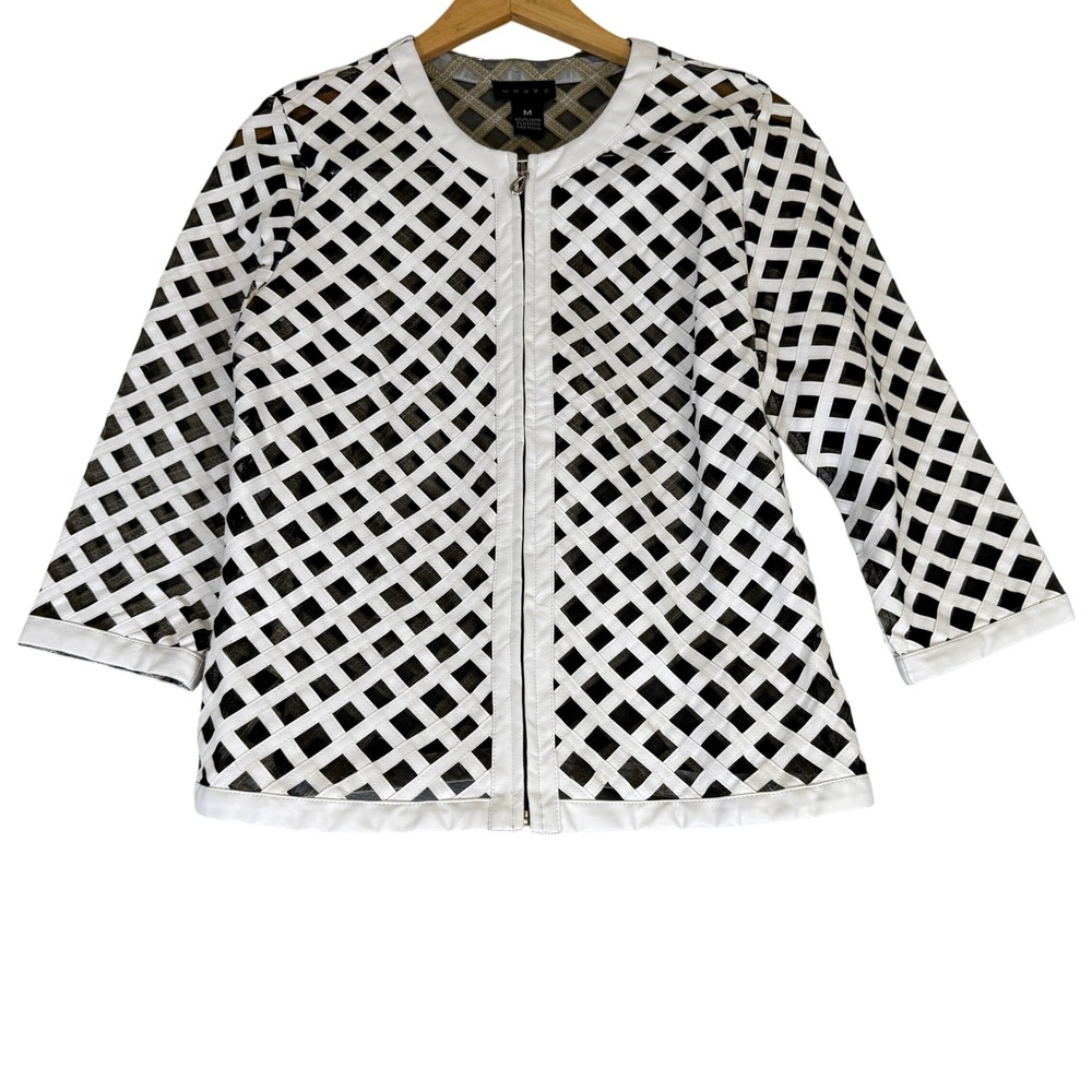 Weavz White Lattice Mesh Zip Up Jacket Womens Medium Geometric 3/4 Sleeve